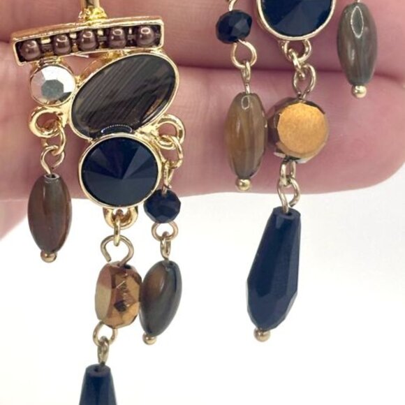 Elegant Black Copper Brown Faceted Beads Beaded Tassels Dangle Earrings New - Picture 4 of 5